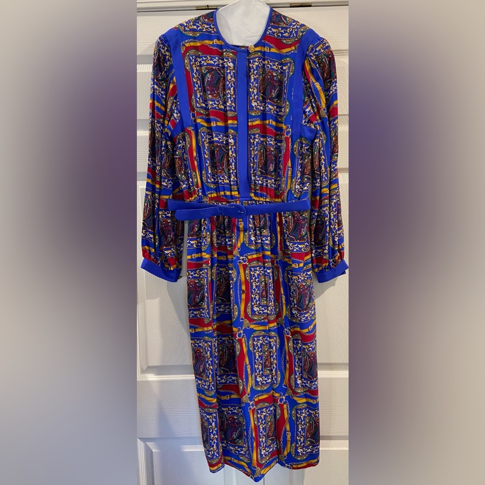 Anne Crimmins For Umi Collections Vintage 100% Silk Multicolor MIDI Dress Sz 14